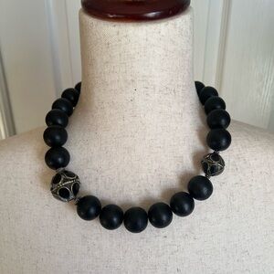 Black Wood Beaded Necklace with Afghan Bead Accents